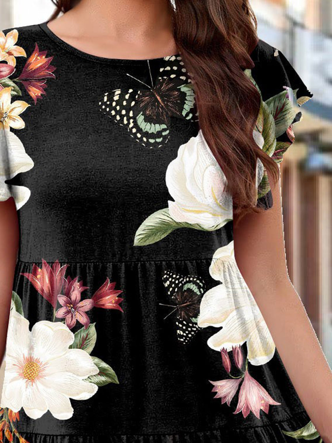 Floral Print Round Neck Tiered Dress