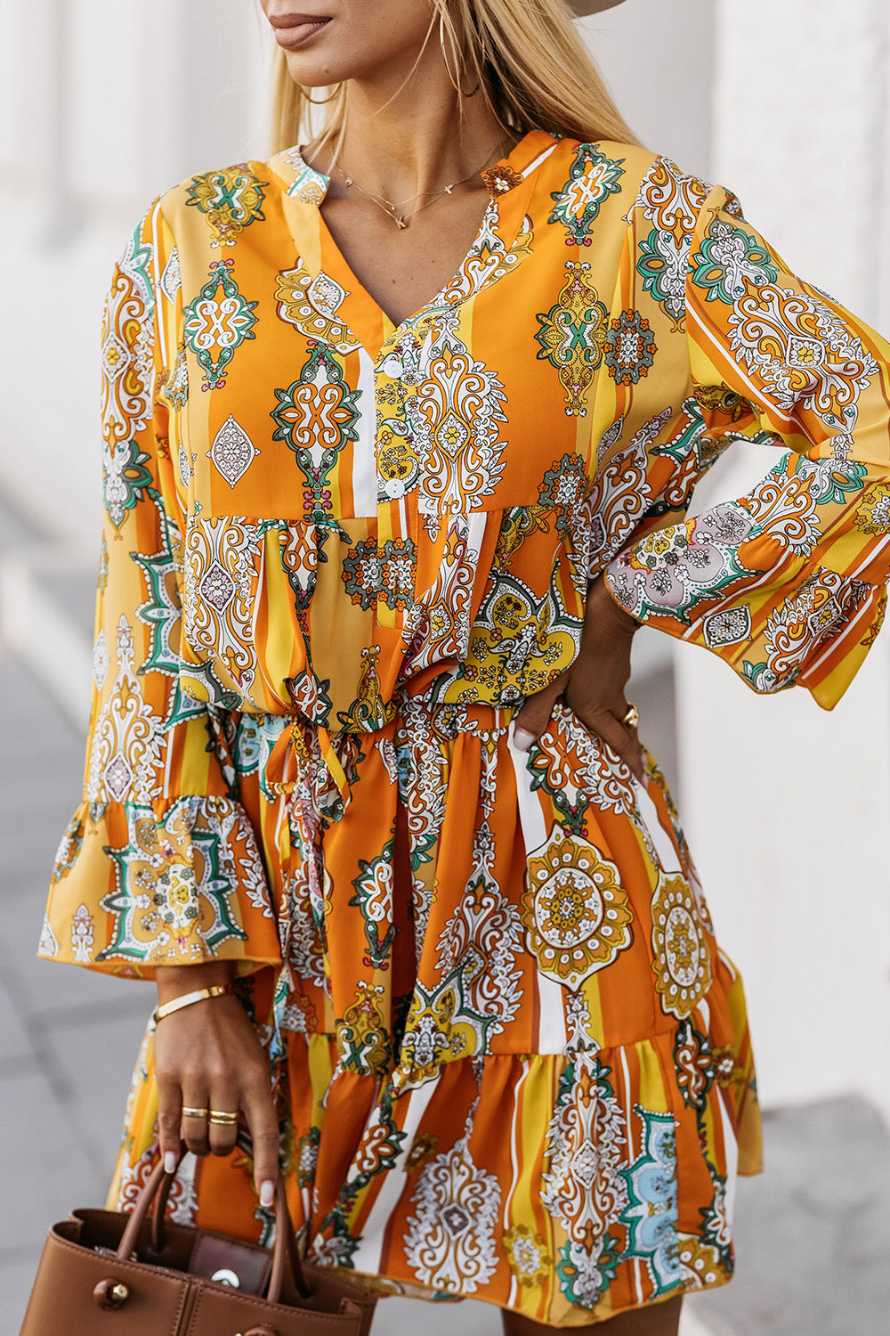 Multi-Print Flounce Sleeve Mini Dress