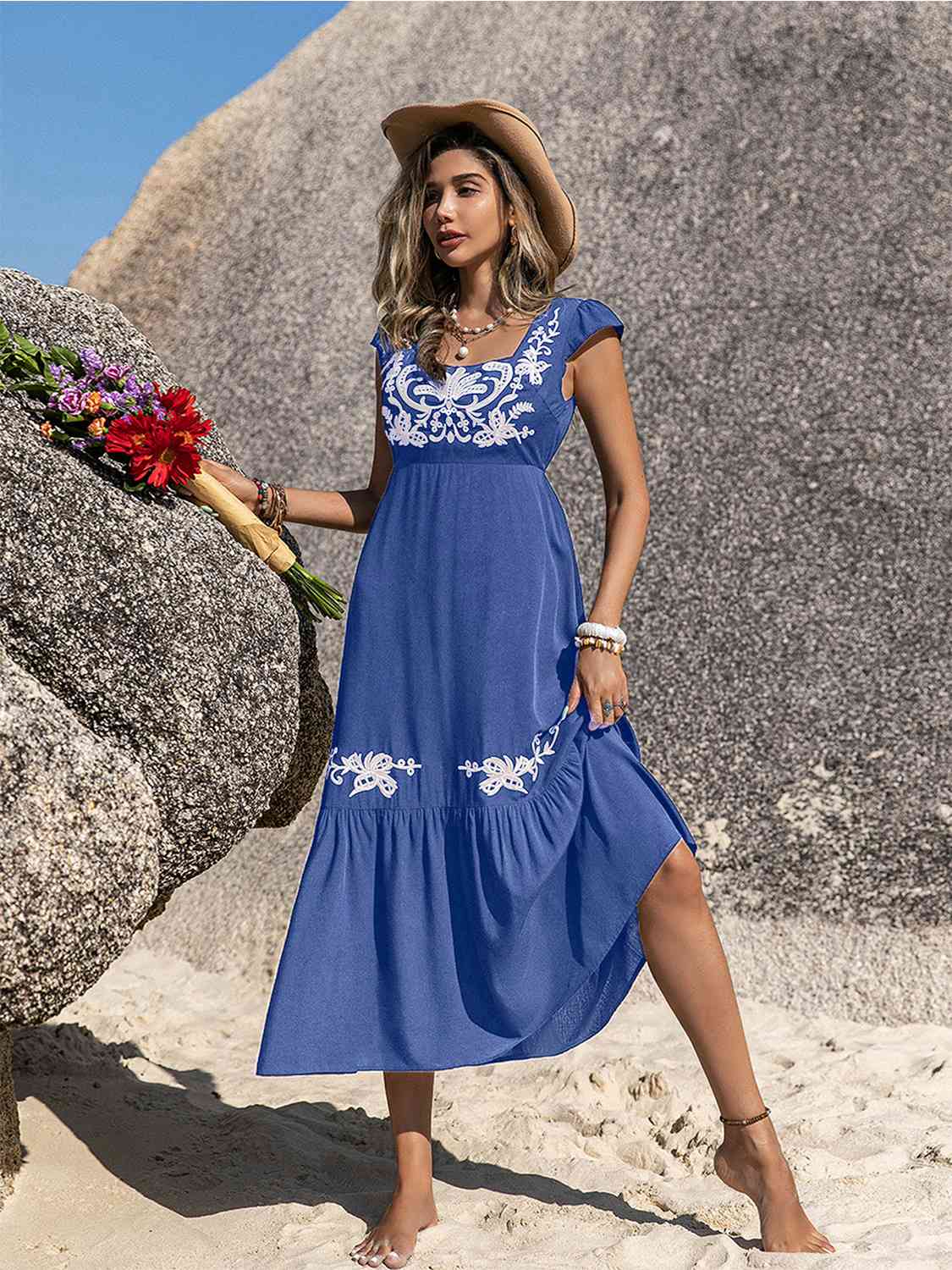 Embroidered Square Neck Midi Dress