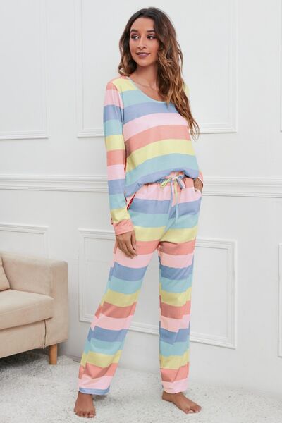 Striped Top and Drawstring Pants Lounge Set