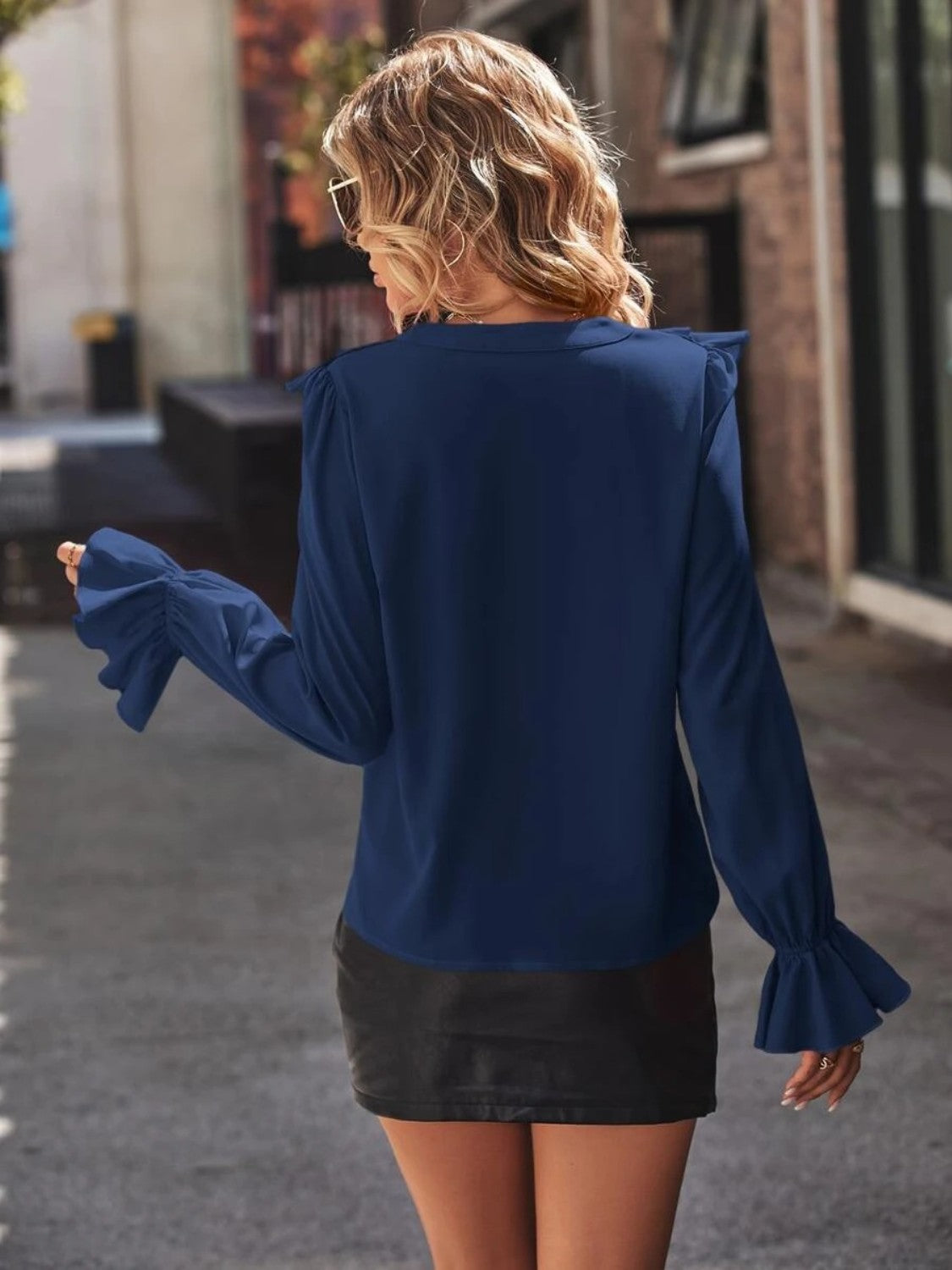 Ruffled V-Neck Flounce Sleeve Blouse