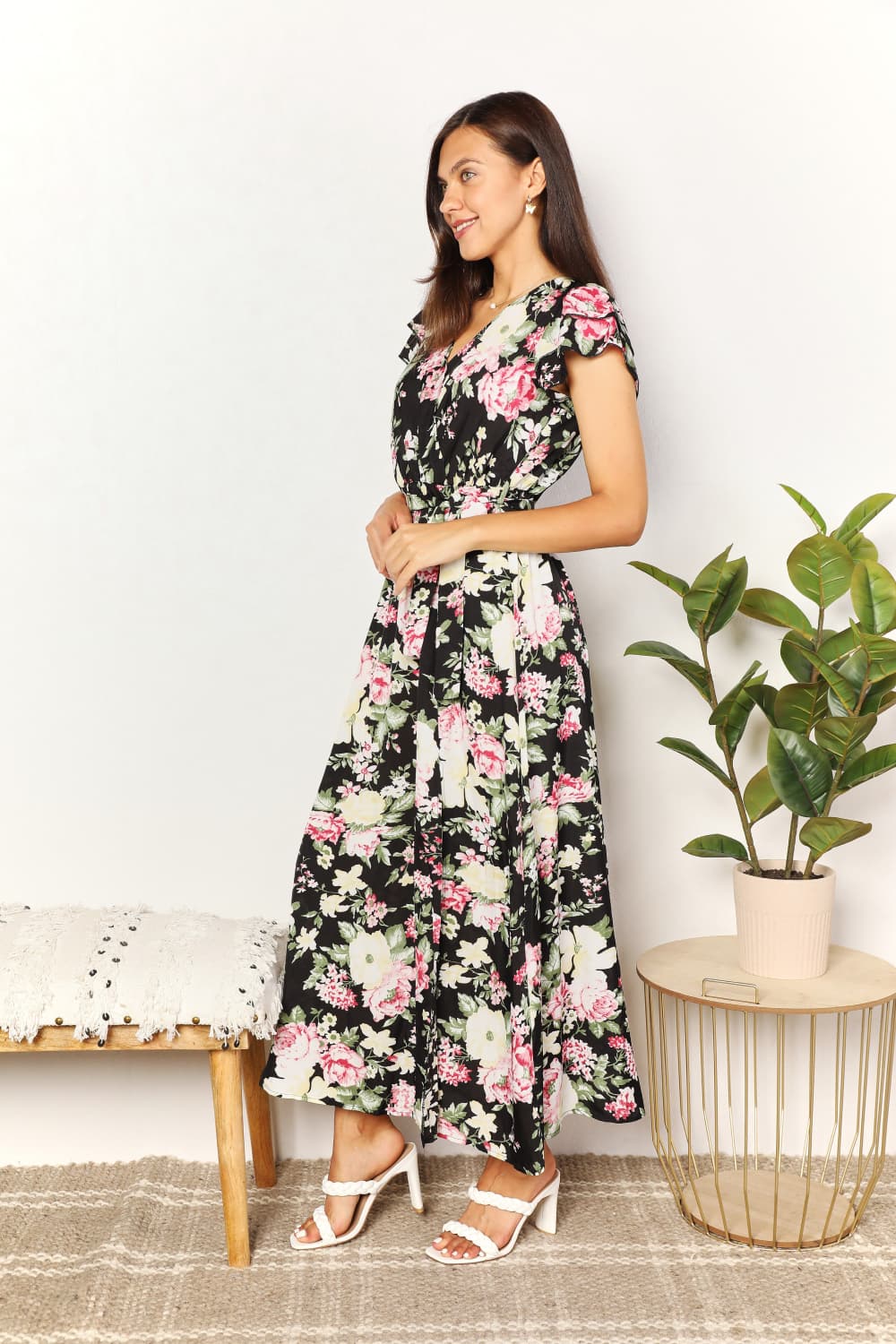 Floral Flutter Sleeve Split Midi Dress