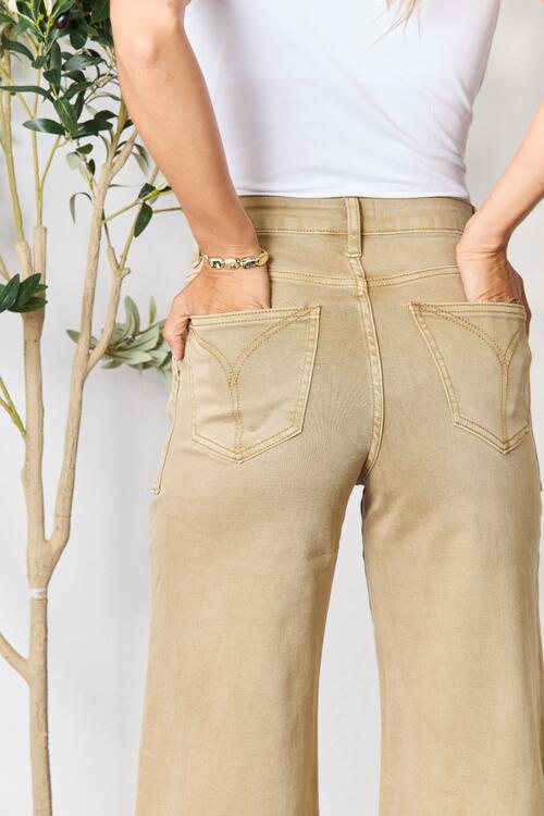 Tan Raw Hem Wide Leg Jeans