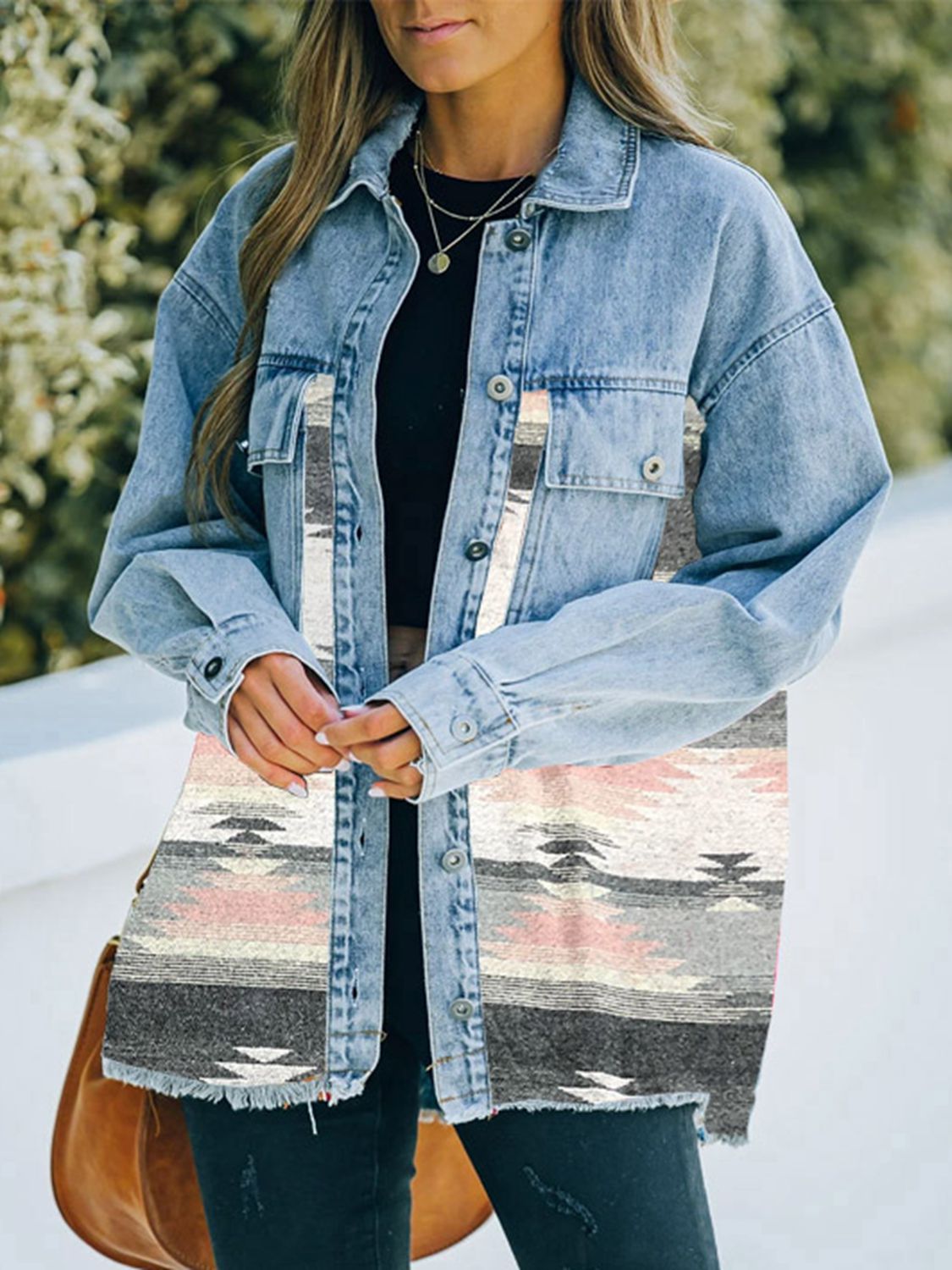 Geometric Print Accented Denim Jacket