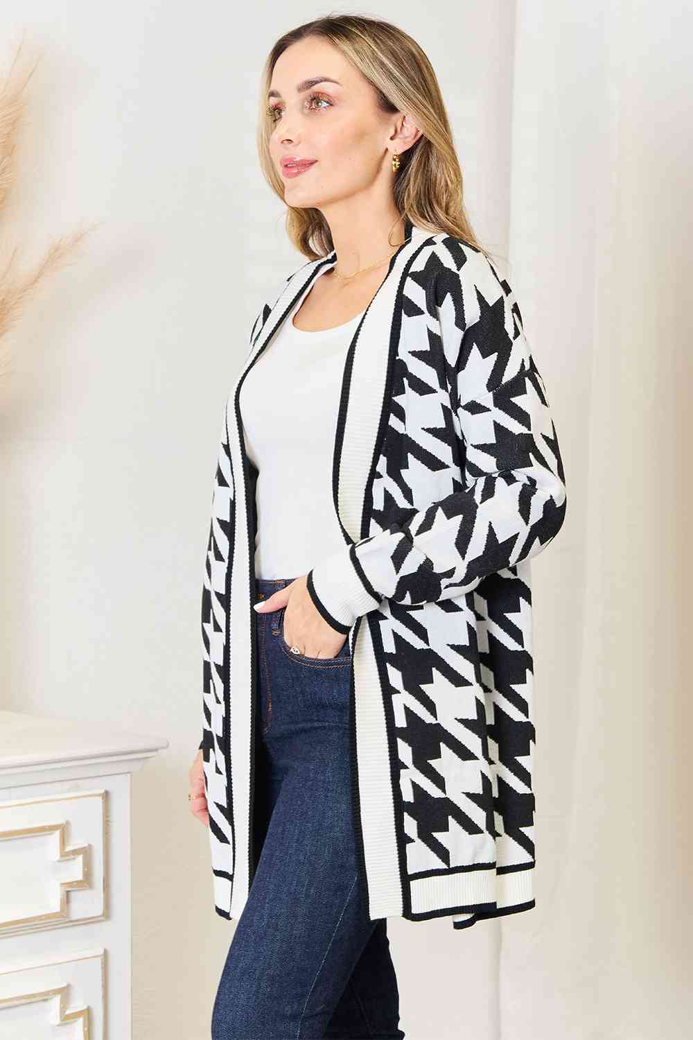 Houndstooth Open Front Cardigan