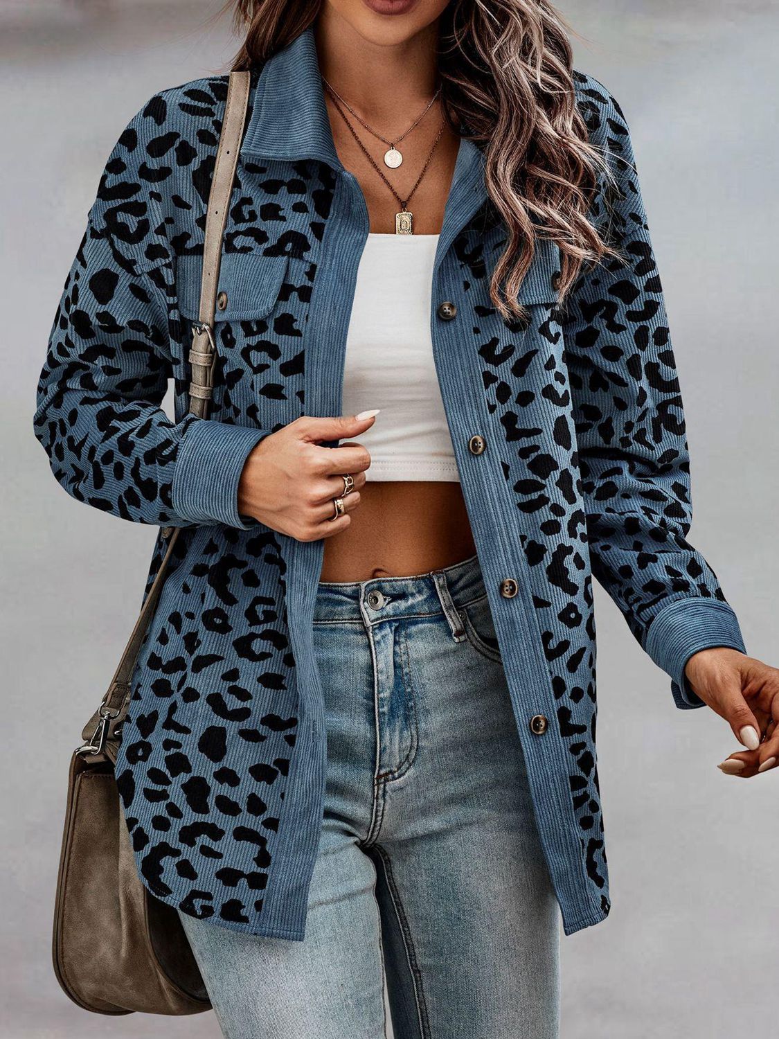 Leopard Print Corduroy Contrast Jacket