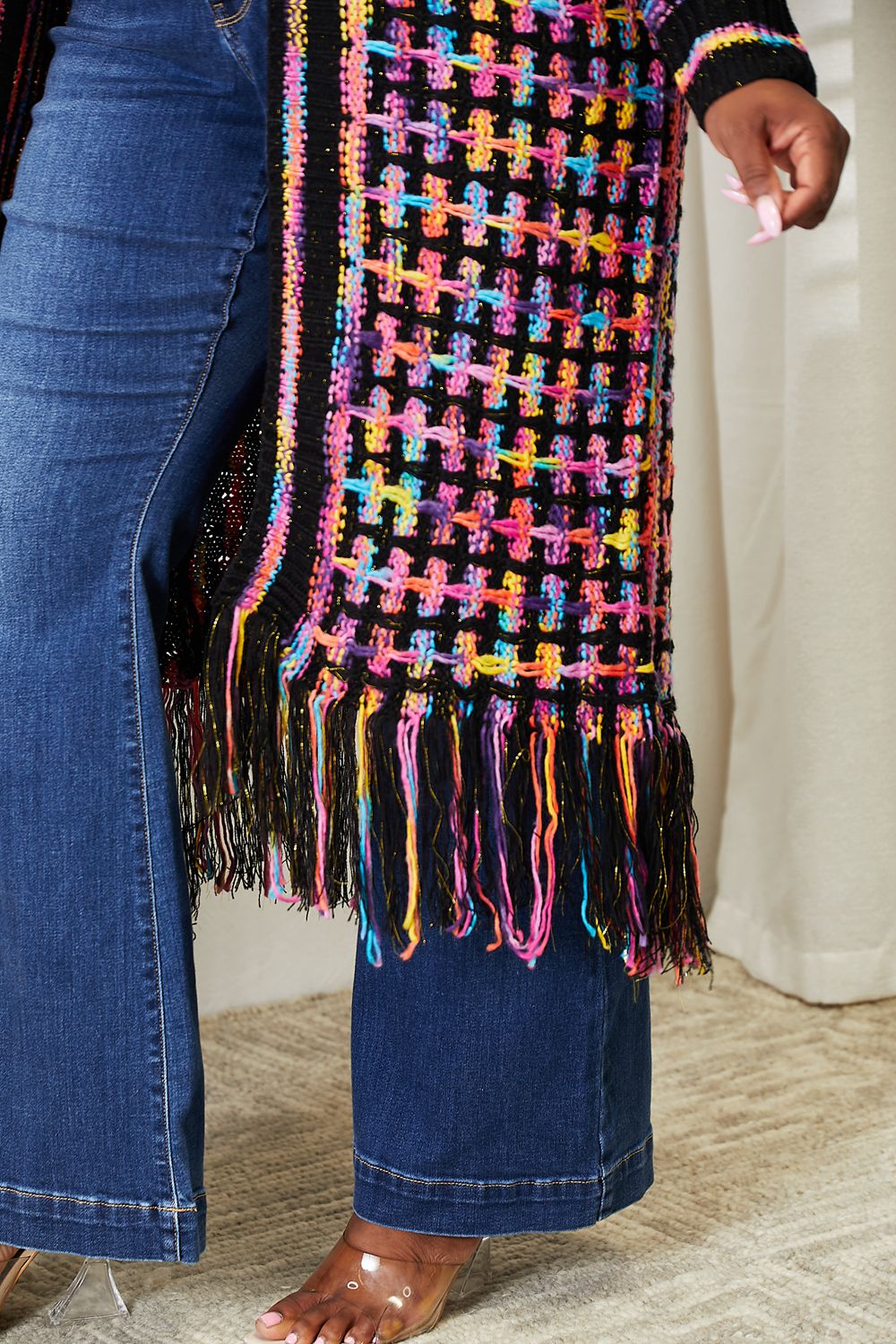 Multicolored Fringe Hem Duster Cardigan