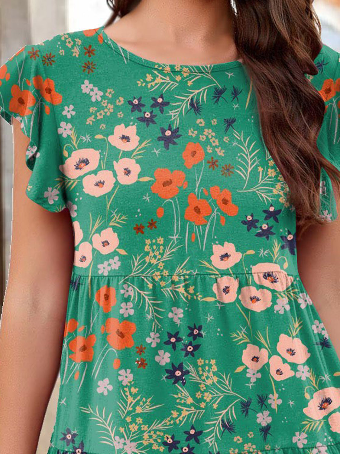 Floral Print Round Neck Tiered Dress