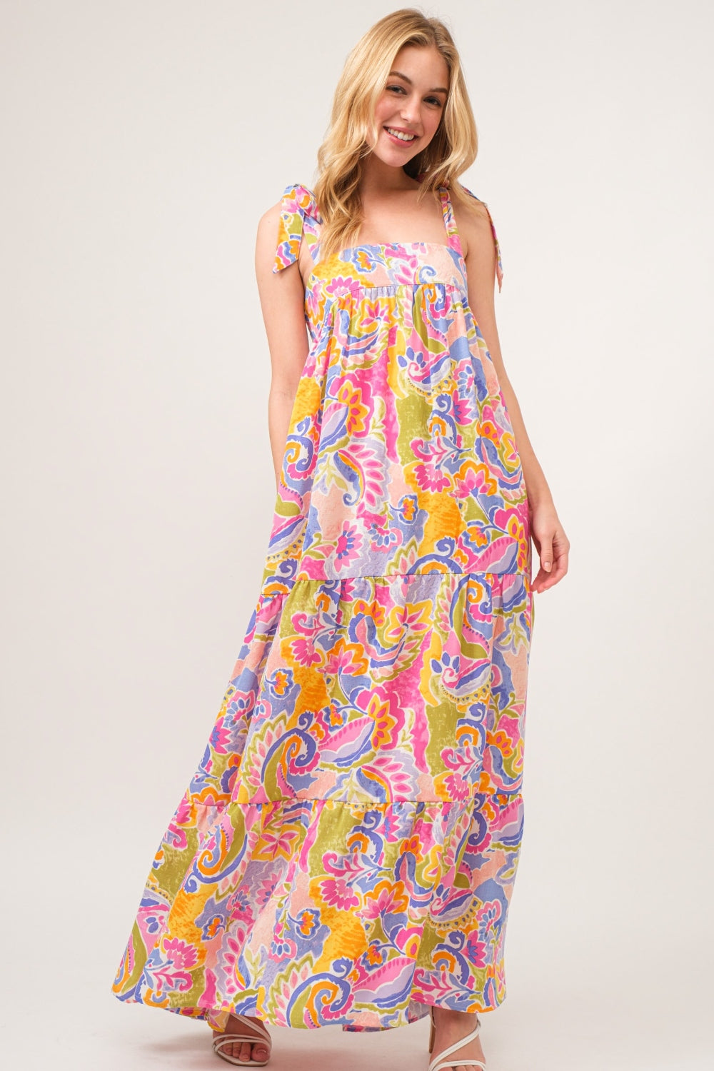 Multi-Print Tie Shoulder Maxi Dress