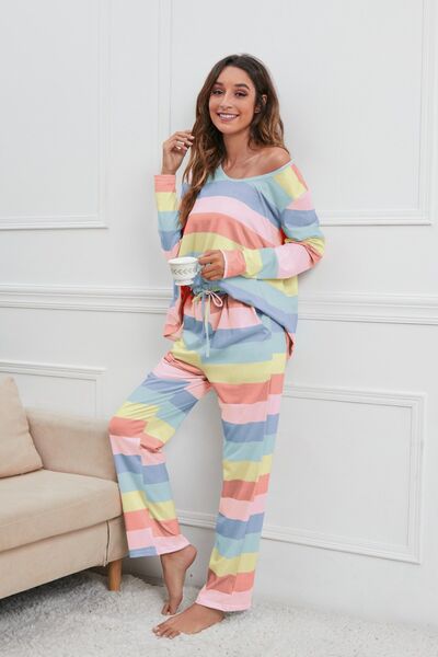 Striped Top and Drawstring Pants Lounge Set