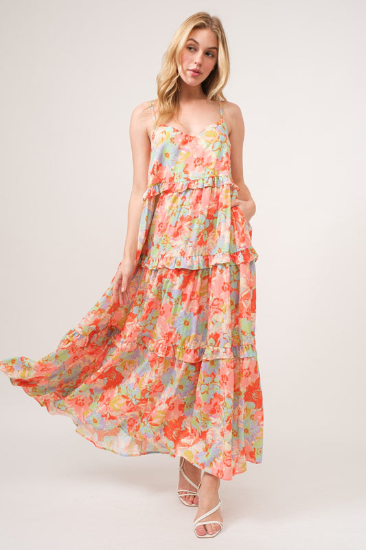 Coral Floral Ruffled Tiered Maxi Dress