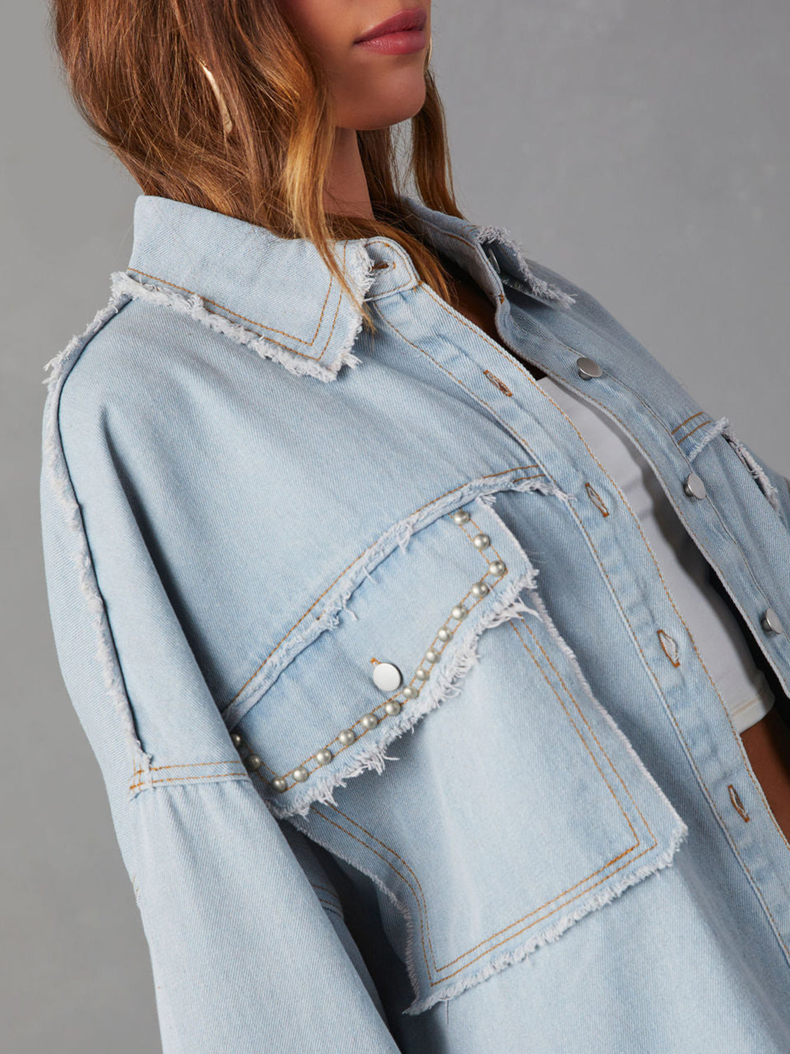 Studded Accent Raw Hem Denim Jacket