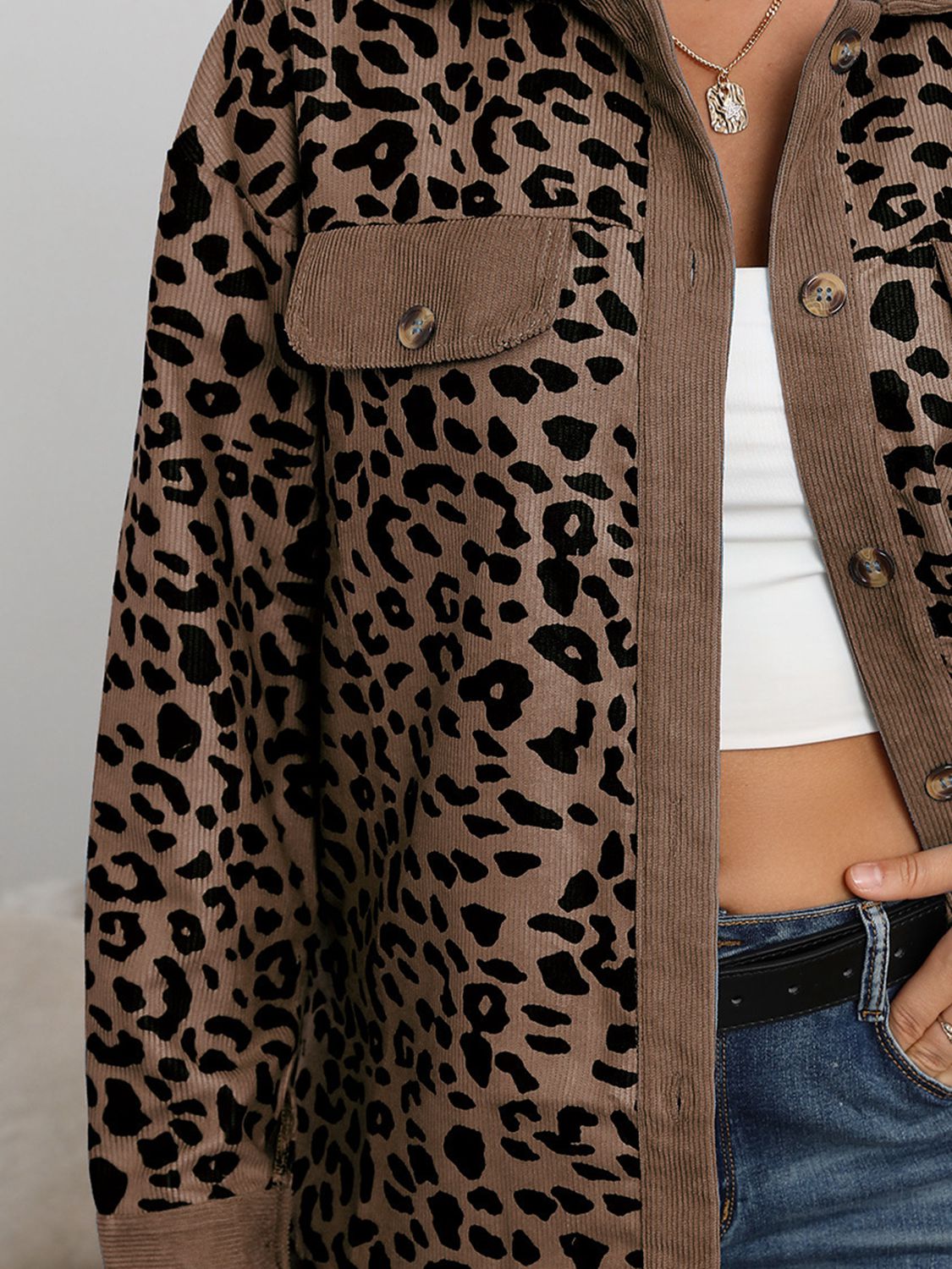 Leopard Print Corduroy Contrast Jacket