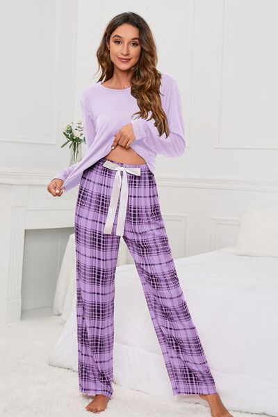 Long Sleeve Top & Plaid Pants Lounge Set