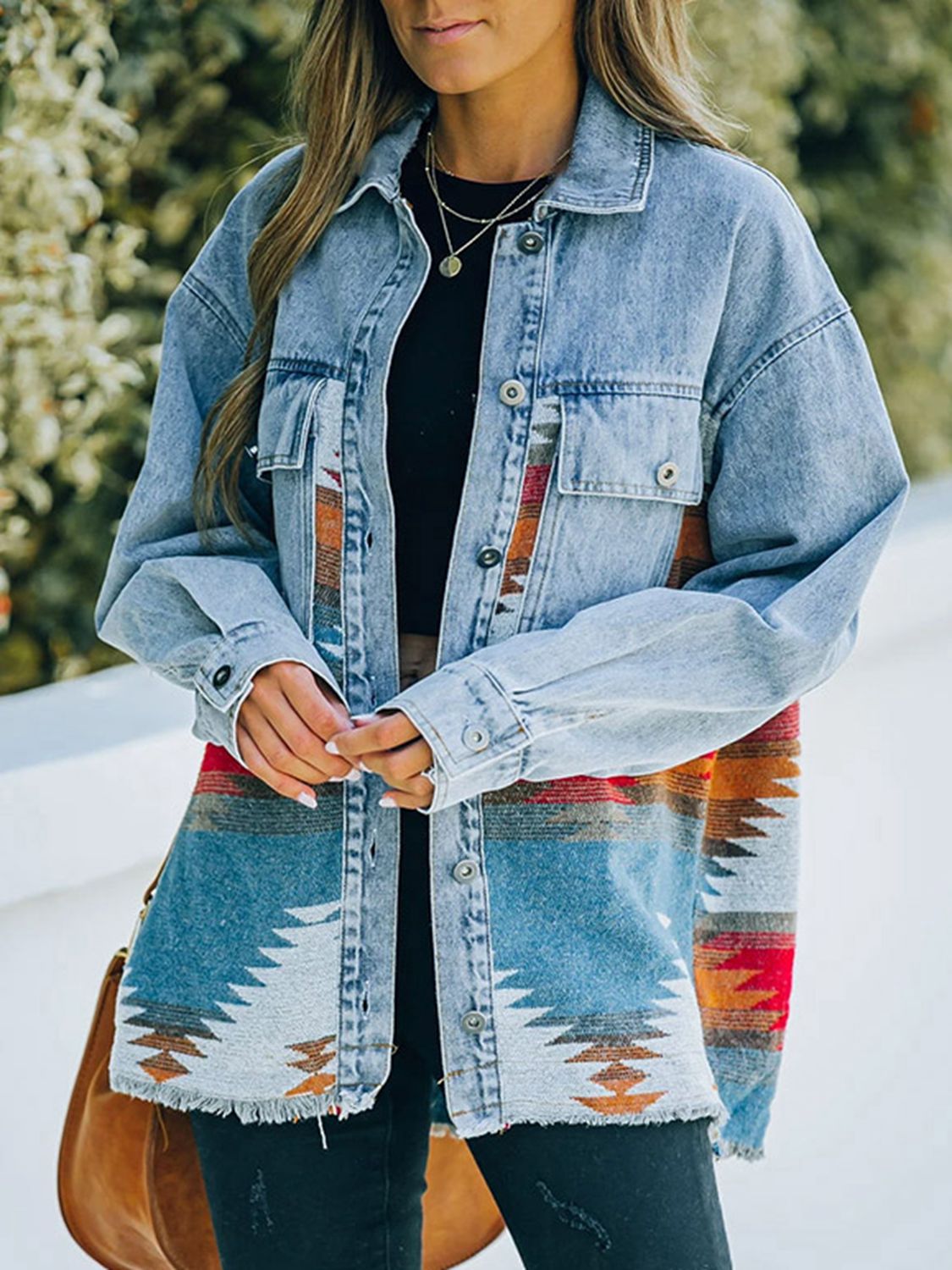 Geometric Print Accented Denim Jacket