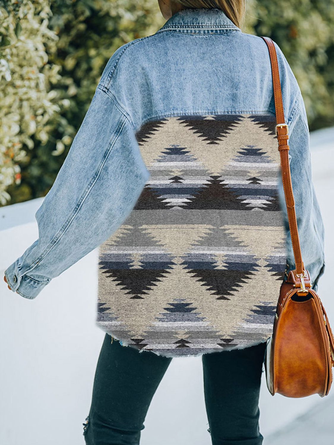 Geometric Print Accented Denim Jacket