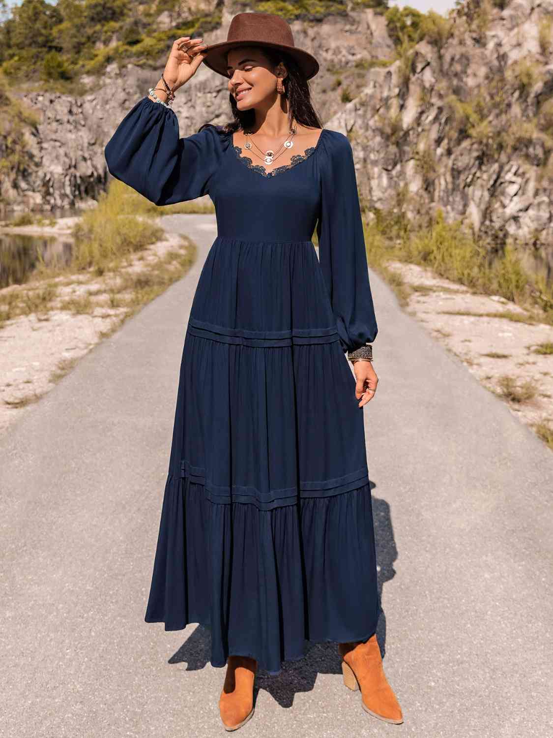 Navy Lace Trim Maxi Dress