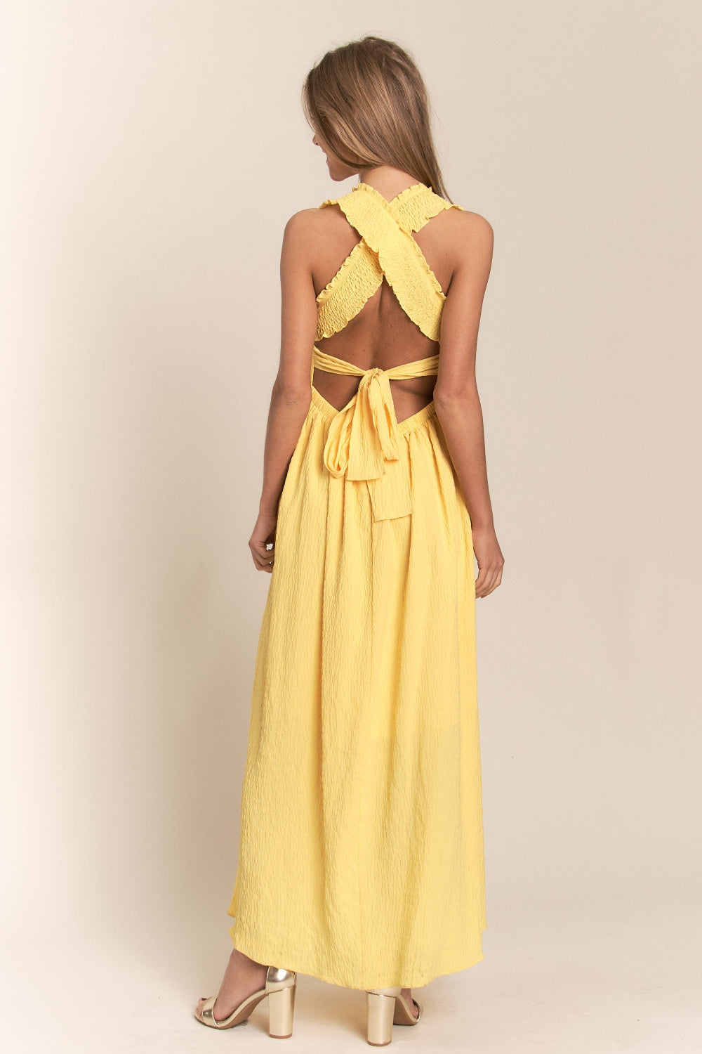 Yellow Crisscross Back Tie Smocked Maxi Dress