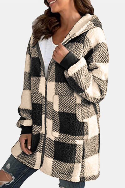 Plaid Long Sleeve Hooded Jacket