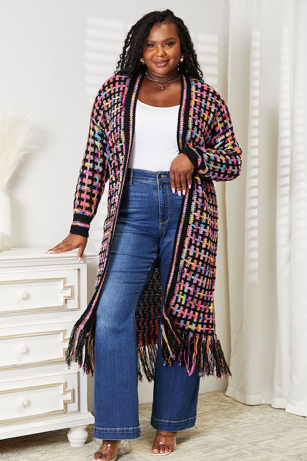 Multicolored Fringe Hem Duster Cardigan