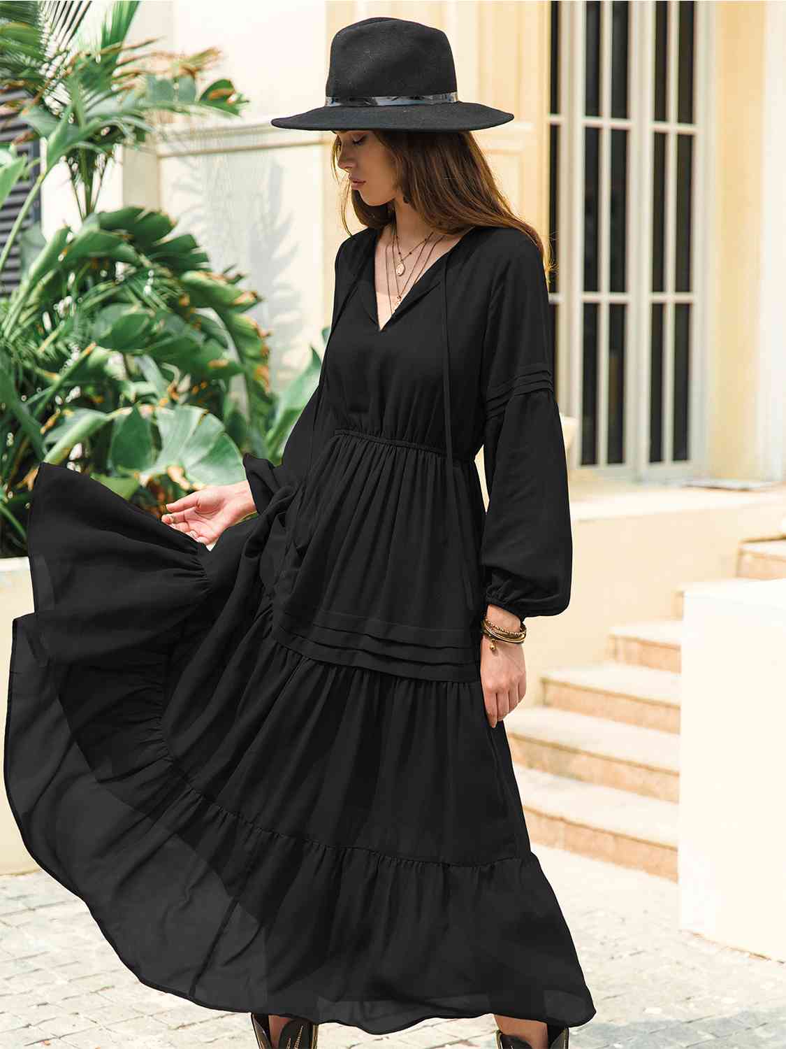 Tie Neck Long Sleeve Black Midi Dress