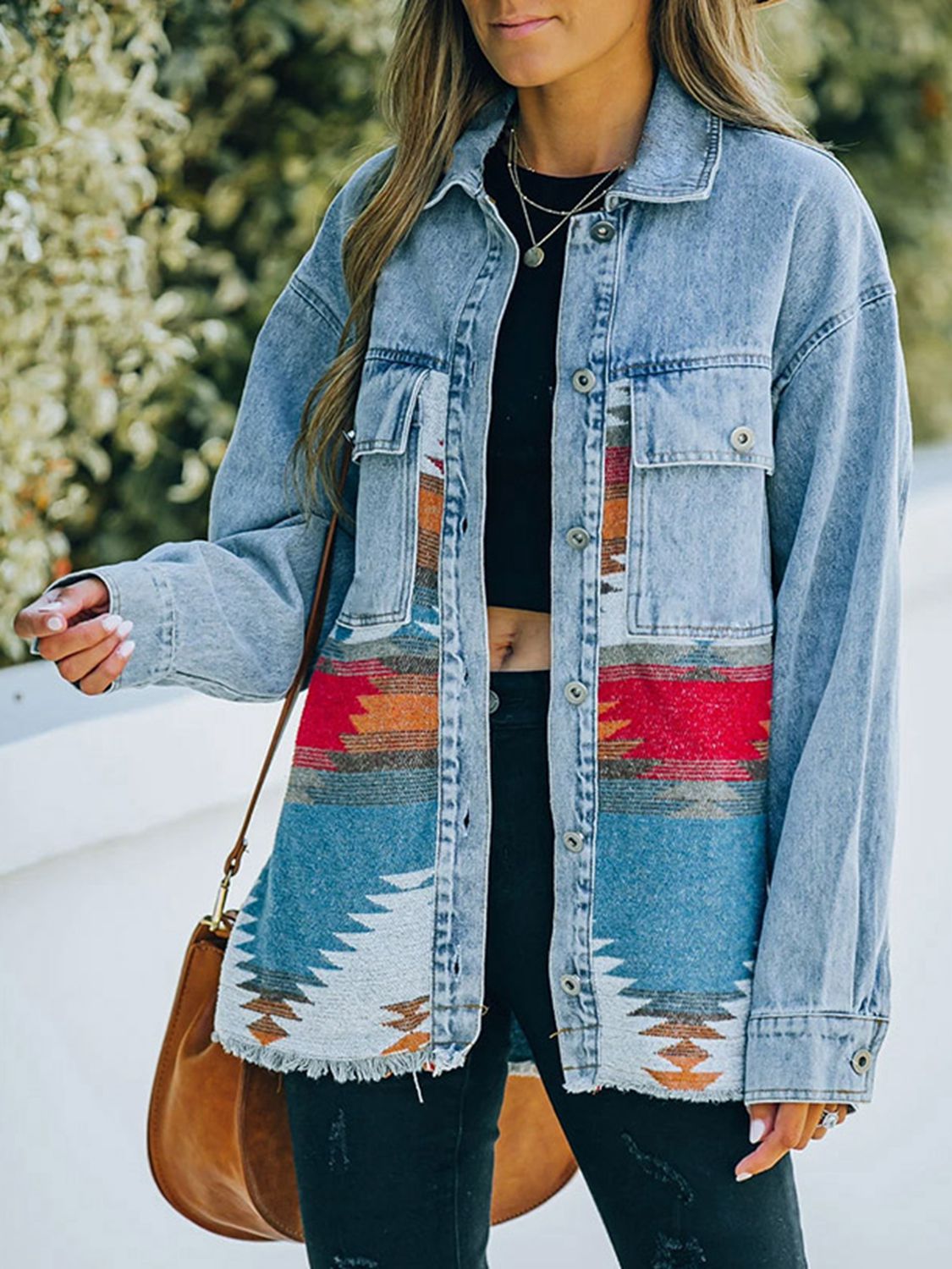 Geometric Print Accented Denim Jacket