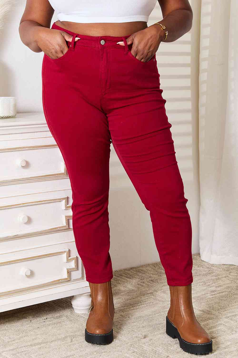 Dark Red High Waist Tummy Control Skinny Jeans