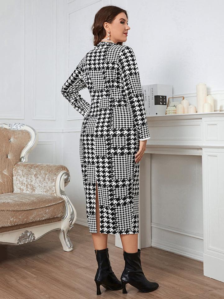 Houndstooth Button-Down Midi Dress