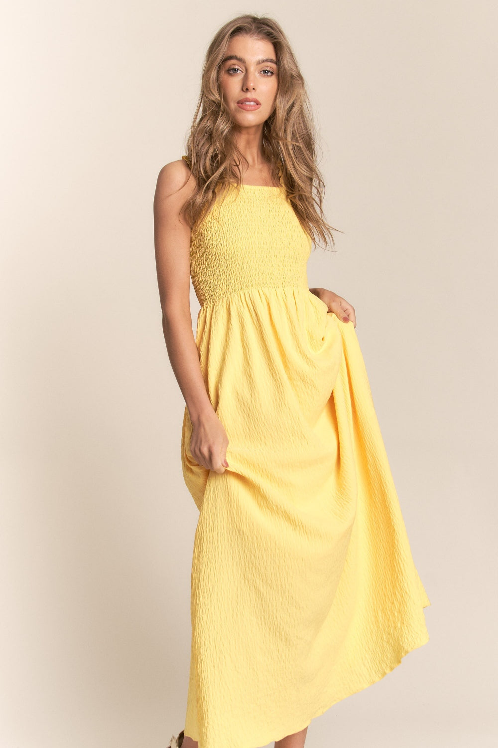 Yellow Crisscross Back Tie Smocked Maxi Dress