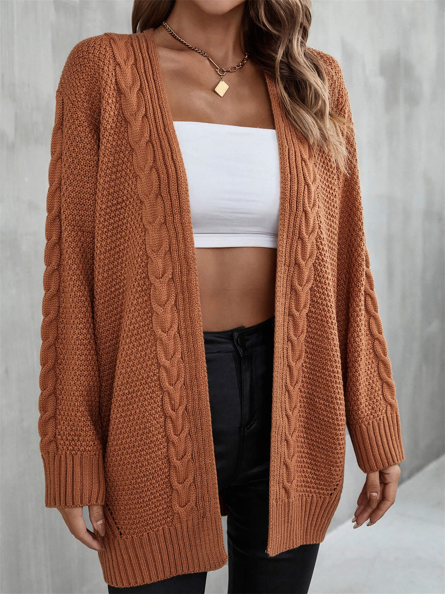 Solid Woven Knit Open Front Cardigan