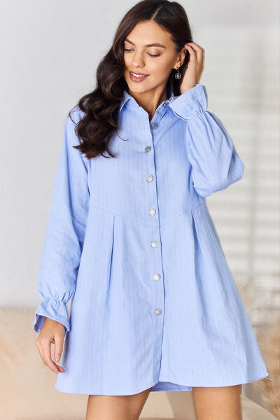 Contrast Pin-Striped Flounce Sleeve Denim Dress