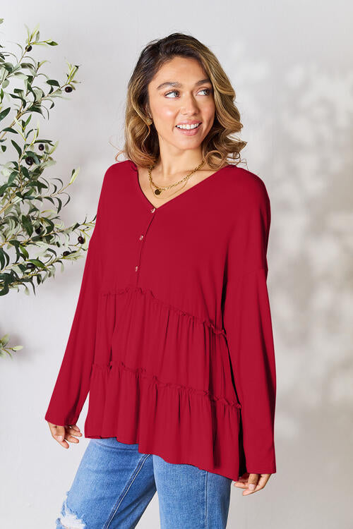 Long Sleeve Ruffle Hem Blouse