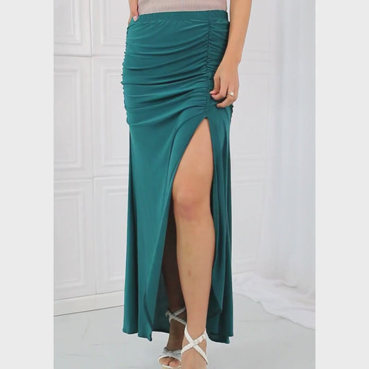 Teal Ruched Slit Maxi Skirt