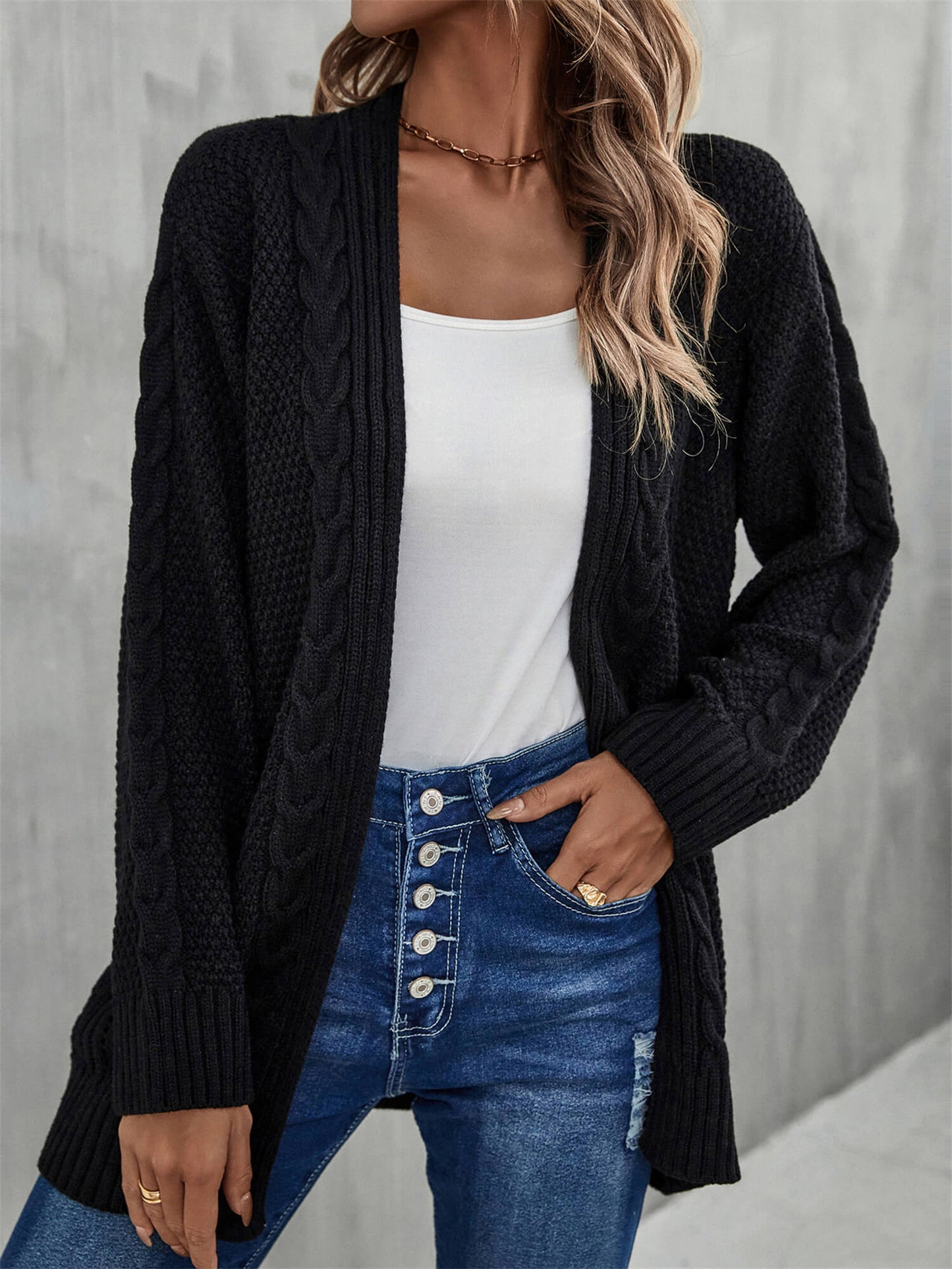 Solid Woven Knit Open Front Cardigan