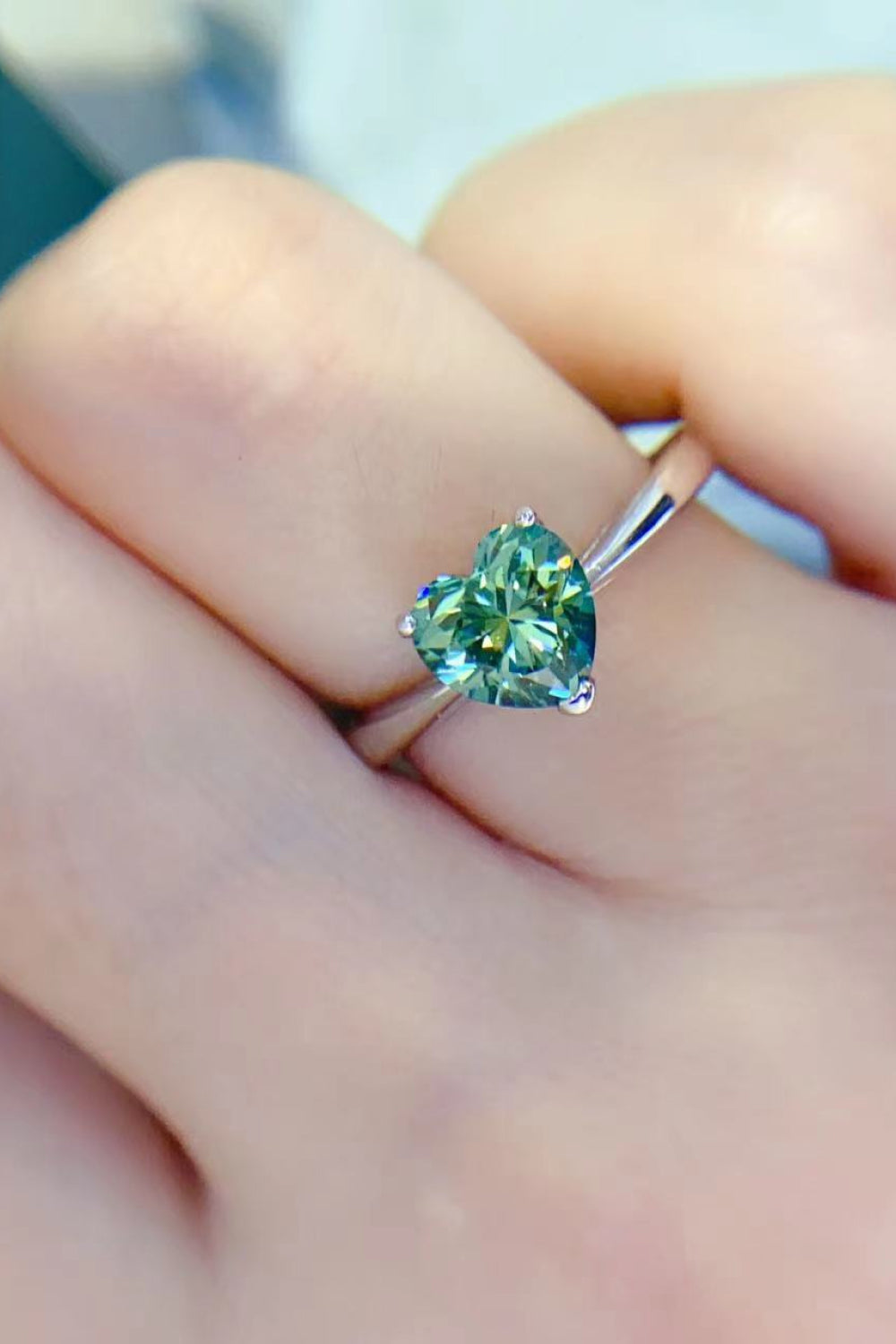 Green Moissanite Heart Sterling Silver Ring