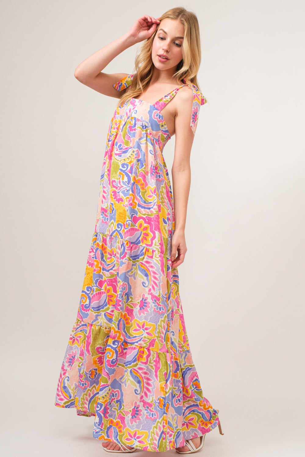 Multi-Print Tie Shoulder Maxi Dress