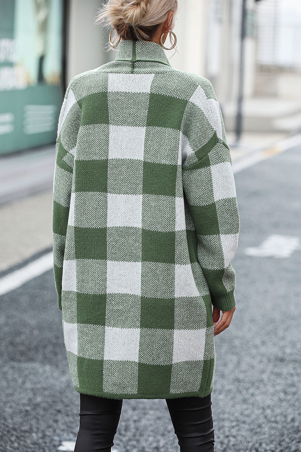 Plaid Dropped Shoulder Long Cardigan