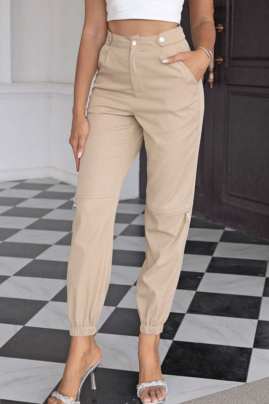 Sand-Beige High Waist Jogger Pants