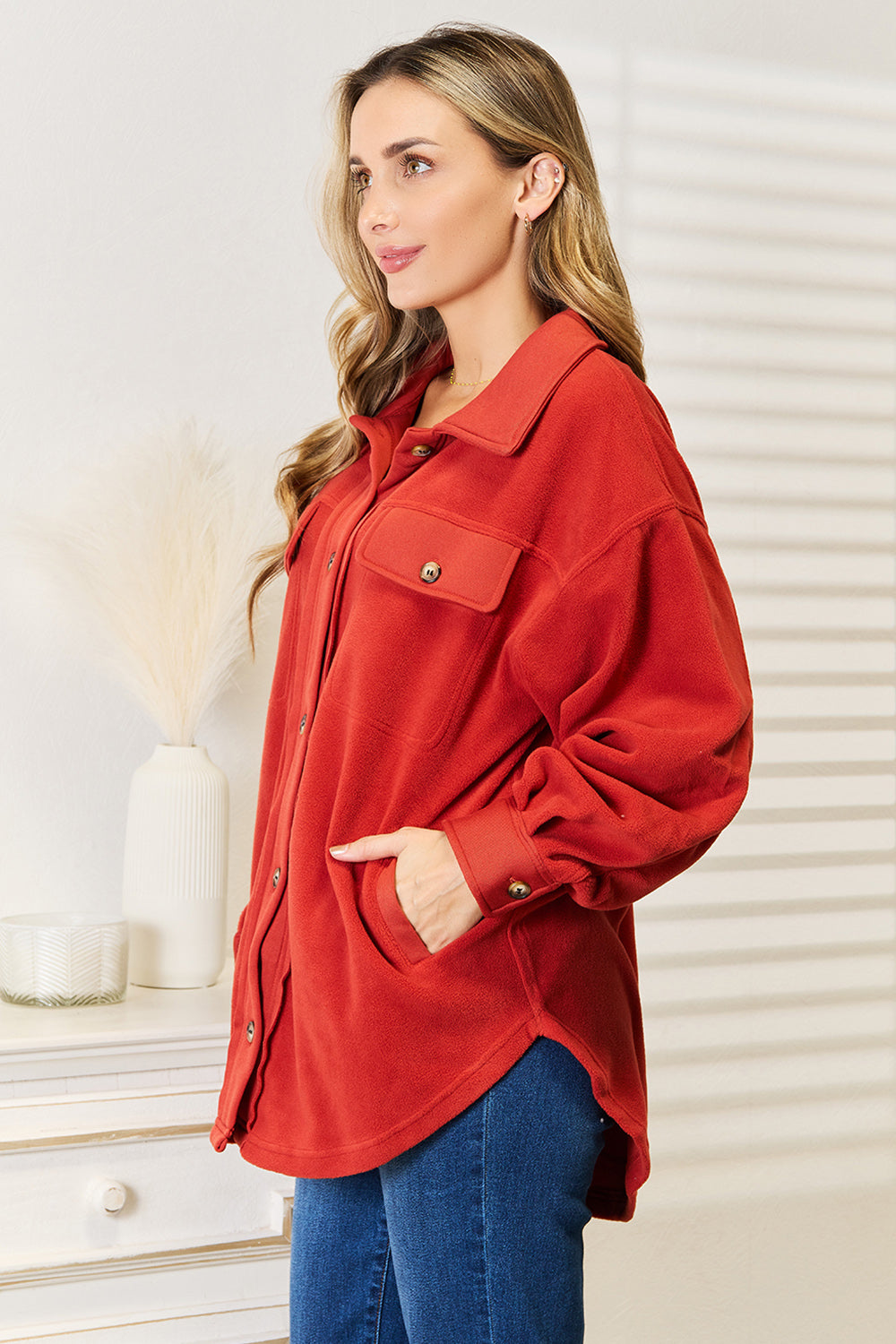 Red-Rust Casual Button Front Jacket