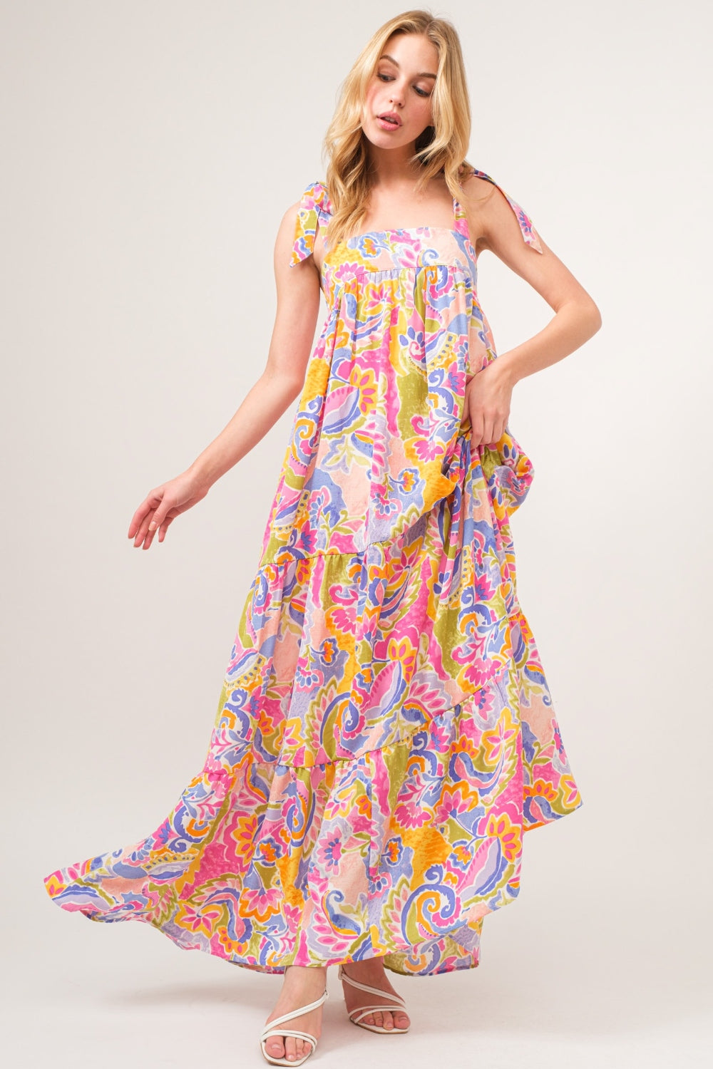 Multi-Print Tie Shoulder Maxi Dress