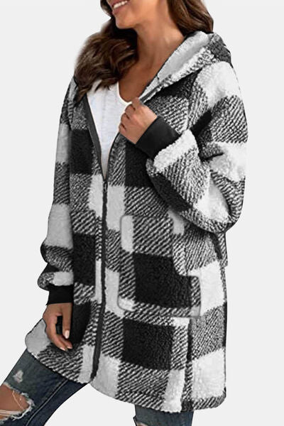 Plaid Long Sleeve Hooded Jacket