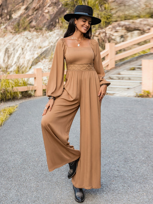 Tan Square Neck Wide Leg Jumpsuit