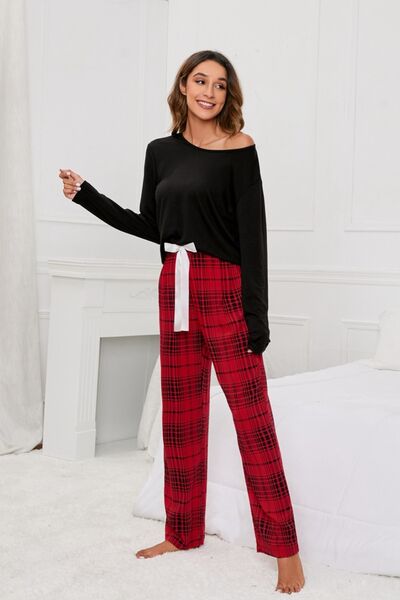 Long Sleeve Top & Plaid Pants Lounge Set