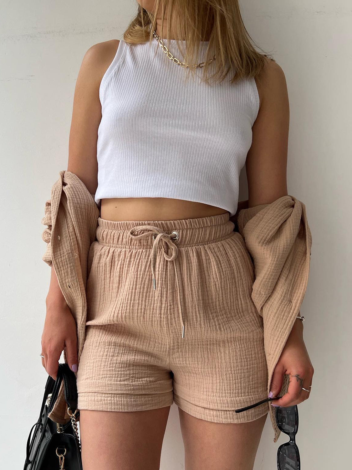 Textured Shirt and Drawstring Shorts Set