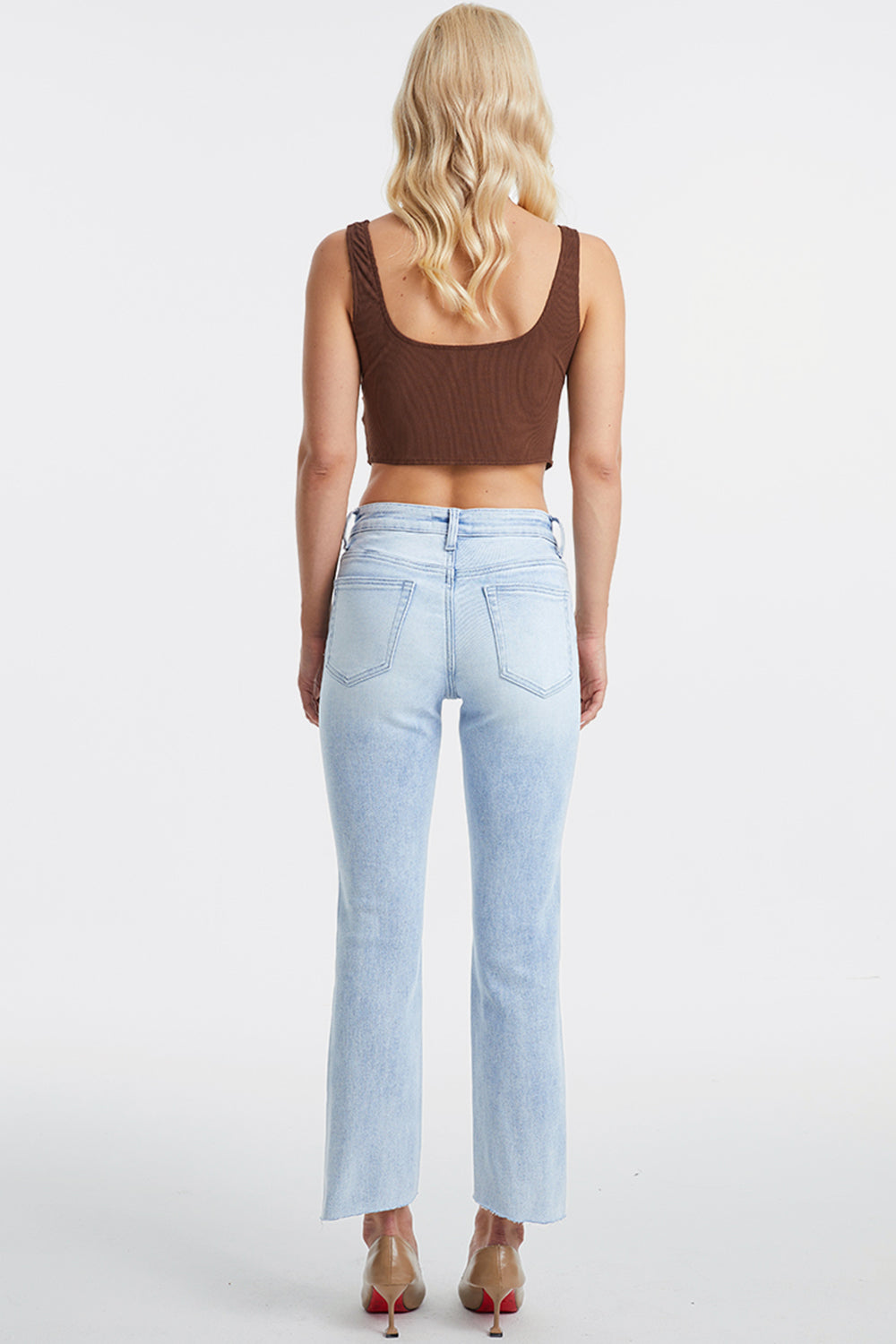 Light Wash High Waist Raw Hem Straight Jeans