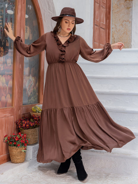 Long Sleeve Ruffle V-Neck Maxi Dress