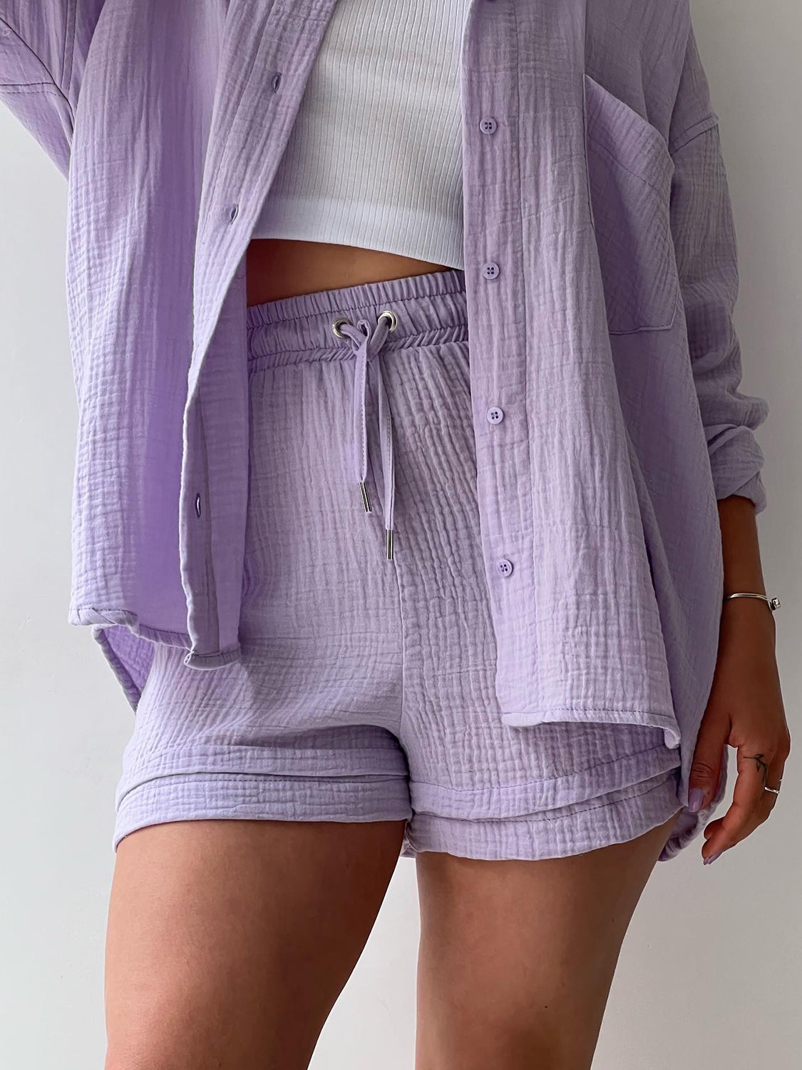 Textured Shirt and Drawstring Shorts Set