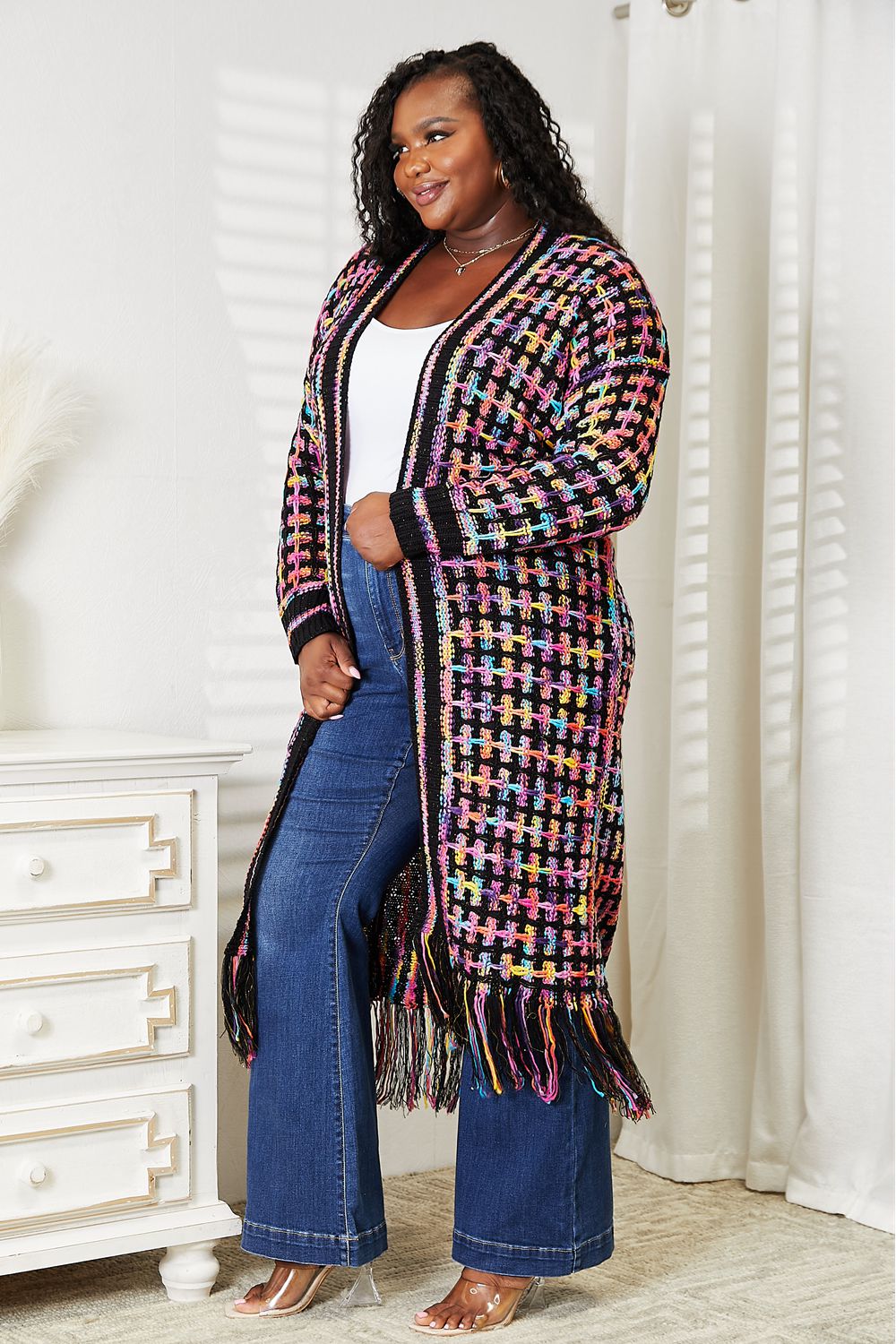 Multicolored Fringe Hem Duster Cardigan