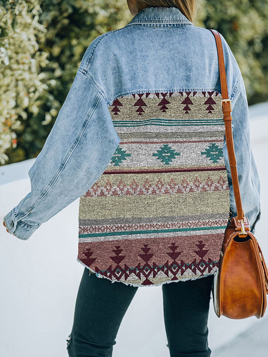 Geometric Print Accented Denim Jacket