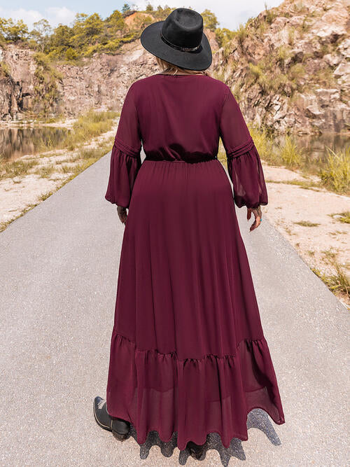 Tie Neck Long Sleeve Maxi Tiered Dress